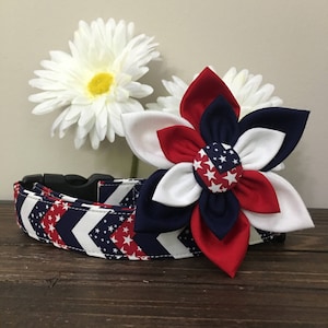 Dog collar, Patriotic dog collar, american dog collar, patriotic plaid dog collar, dog flower, patriotic collar flower, 4th of july collar