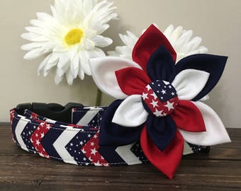 Dog collar, Patriotic dog collar, american dog collar, patriotic plaid dog collar, dog flower, patriotic collar flower, 4th of july collar