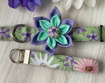 Dog collar, collar with flower, flower, floral, daisy , daisies, green, collar with bow, girl, key fob, key chain, purple , white, pink