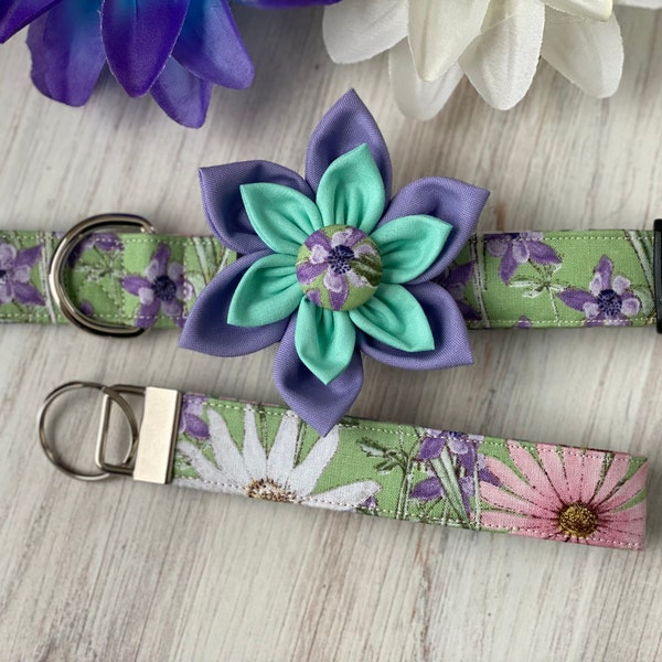 Dog collar, collar with flower, flower, floral, daisy , daisies, green, collar with bow, girl, key fob, key chain, purple , white, pink