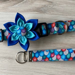 Dog collar, Rainbow, Mermaid, sparkle, glitter, collar with flower, collar flower, dog flower, collar with bow, fish, scales, key fob