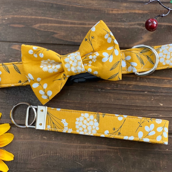 Dog collar, mustard, dandelion, floral, fall, spring, summer, wedding, dog collar with bow, collar with bow, collar with bow tie, bow tie