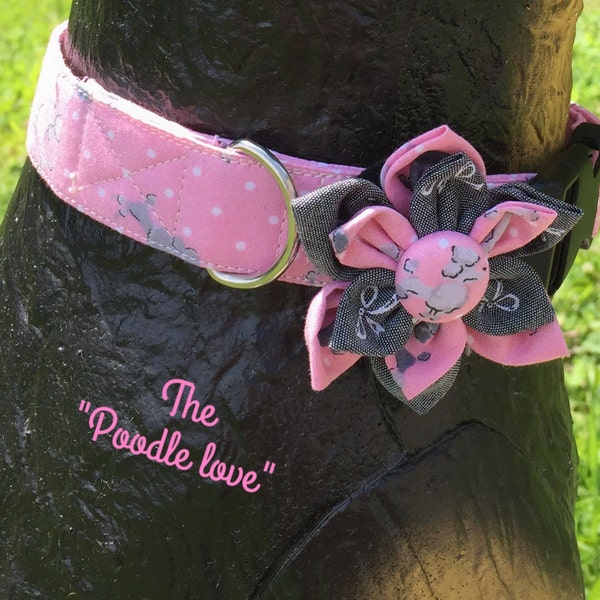 Dog collar, poodle collar, pink poodle collar, grey bows collar, poodle bow, poodle flower, collar flower, dog flower. Beautiful designer