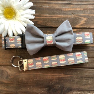 Dog collar, Collar with bow tie, burger collar, burger key chain, hamburger dog collar, picnic collar with bow, dog bow tie, junk food