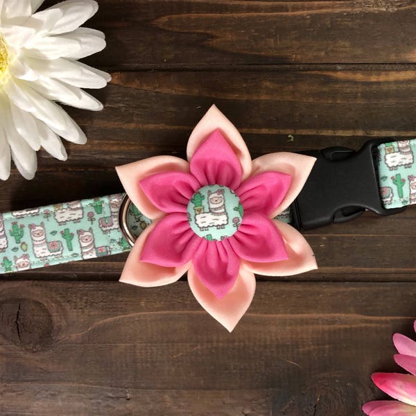 Dog collar, llama dog collar, girly dog collar, mini llama dog collar, mint dog collar, dog collar with flower, easter dog collar, matching