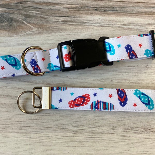 Dog collar ,flip flops, patriotic, red white and blue, beach, sandals, flip flop, independence day, Memorial Day, Labor Day, key fob, leash