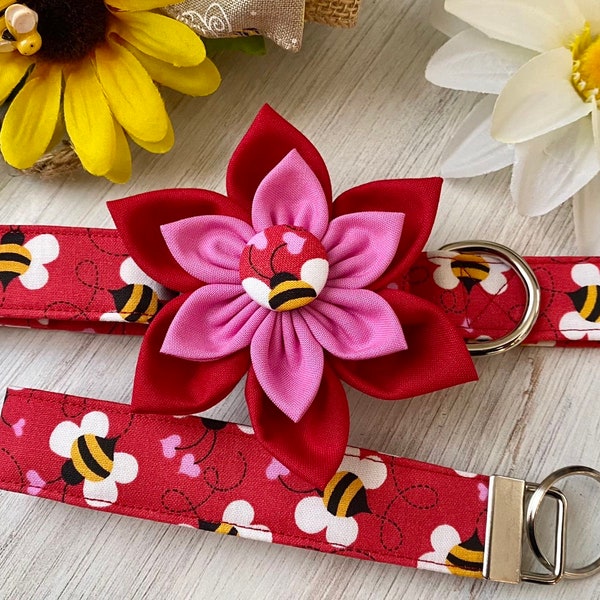 Dog collar, bee, bees, love, hearts, valentine, valentines day, collar with flower, collar with bow, bow, girl, flower, pink, red, key fob