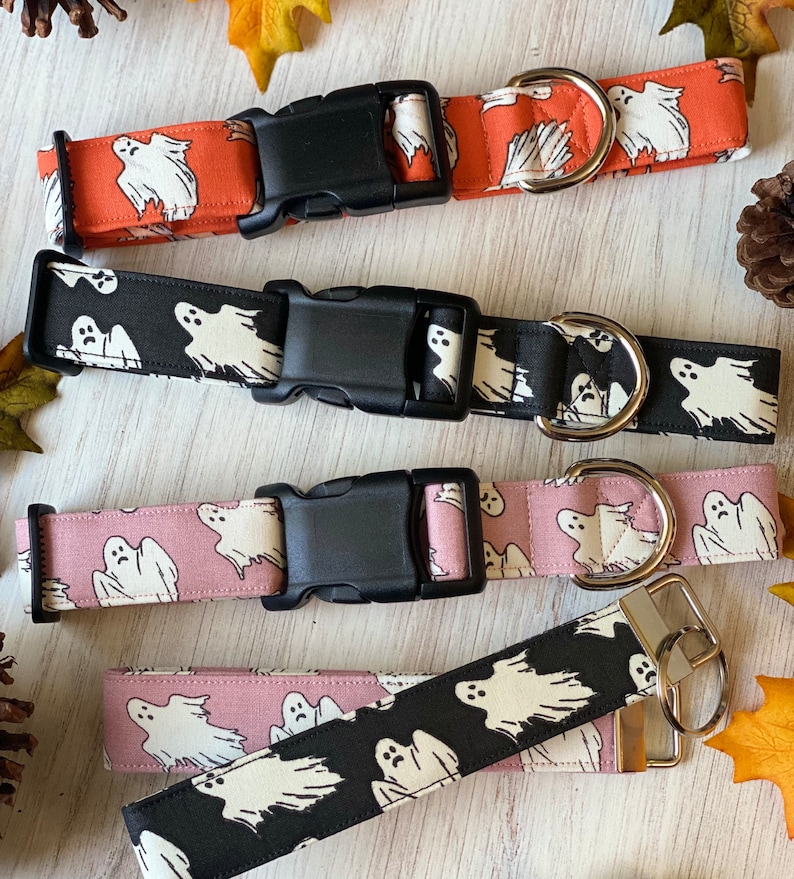 Dog collar, halloween dog collar, ghost, glow in the dark, ghost dog collar, pink, orange, black, collar with bow, bow tie, halloween, glow image 5