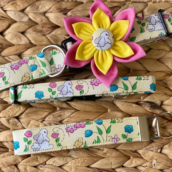 Dog Collar, Easter, bunny, chicks, peeps, spring, tulips, easter dog collar, collar with bow, flower, collar with flower, key fob, keychain