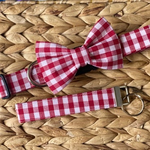 Dog collar, collar with bow, bow tie, picnic, dog collar with bow, bow tie, red and white, gingham, checker, plaid, key fob, keychain