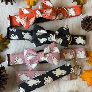 Dog collar, halloween dog collar, ghost, glow in the dark, ghost dog collar, pink, orange, black, collar with bow, bow tie, halloween, glow image 7