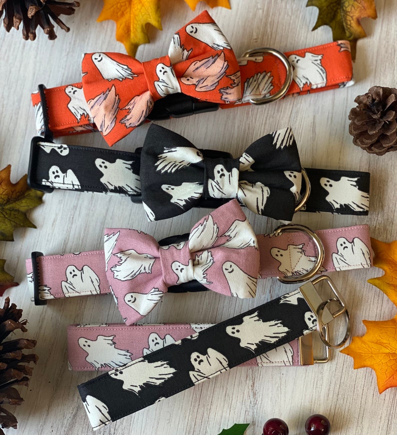 Dog collar, halloween dog collar, ghost, glow in the dark, ghost dog collar, pink, orange, black, collar with bow, bow tie, halloween, glow image 7