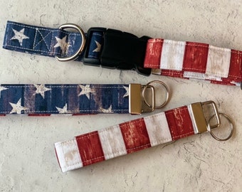 Dog collar, wood, textured, Memorial Day, 4th of July, patriotic, summer, red, white , blue, key fob, Stars and Stripes, flag, America,