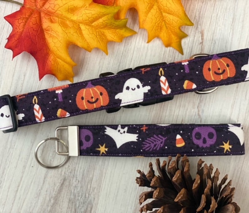 Dog collar, ghost, halloween, ghost dog collar, collar with flower, collar with bow, flower, bow, ghost, skull, bat, pumpkin, keychain image 2