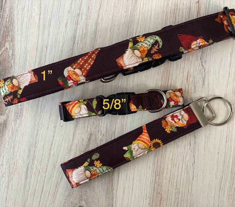 Dog collar, gnomes, gnome, fall, autumn, leaves, pumpkin, pie, collar with flower, flower, sunflower, bow, keychain, key fob image 2