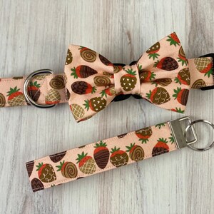 Dog collar, chocolate covered strawberry, chocolate, strawberries, valentines, valentines day, hearts, collar with bow, bow tie, key fob