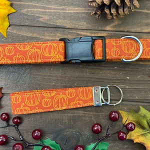 May include: Orange and brown fabric dog collar and matching leash with a pumpkin pattern. The collar has a black plastic buckle and a silver metal D-ring. The leash has a silver metal key ring.