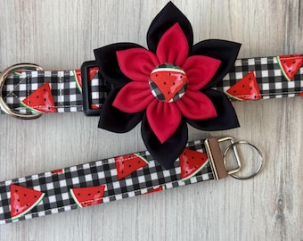 Watermelon Gingham Dog Collar with Detachable Flower