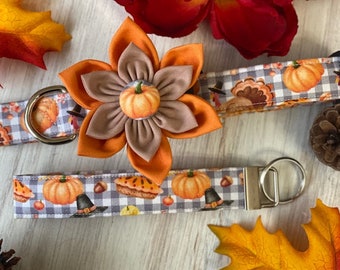 Dog collar, thanksgiving, turkey, plaid, collar with flower, collar with bow, bow, flower, pie, gobble, pilgrim, hat, pumpkin, key fob