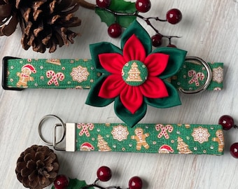 Dog collar, gingerbread man, gingerbread, christmas, collar with flower, collar with bow, bow, flower, gingerbread collar, key fob, keychain