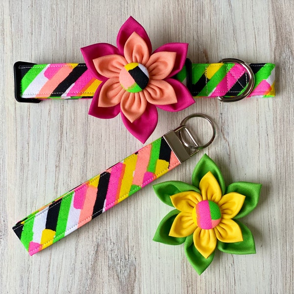 Dog collar, retro, colorblock, color, block, black, green, pink, yellow, black, neon, collar with flower, 80s, 90s, bow, collar with bow,