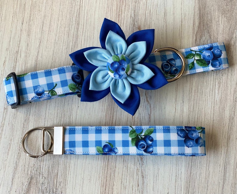 May include: A blue and white gingham dog collar with a blue flower charm and a matching lead. The collar and lead feature a blueberry print.