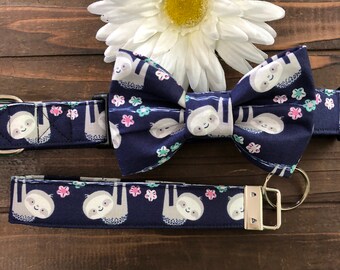 Sloth Dog Collar with Bow Tie, Navy Blue Jungle Print