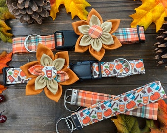 Dog collar, Pumpkin spice, Pumpkin spice everything, pumpkins, fall, Collar flower, flower , dog bow, collar bow, latte, fall plaid, plaid