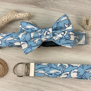 Dog collar, collar with bow tie, collar with bow, bow tie, dog, shark, sharks, week, bite, shark bite, shark keychain, key fob, great white