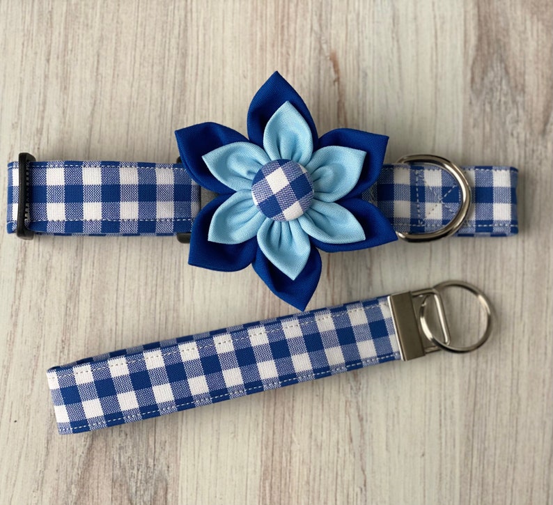 May include: Blue and white checkered dog collar with a matching leash and a blue and light blue flower accent.