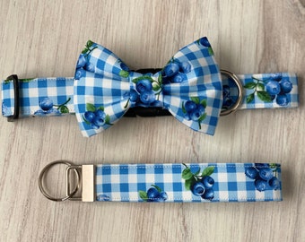 Dog collar, blueberry, blueberries, gingham, blue, navy, white, collar with bow tie, collar with bow, bow , flower, key fob , bow tie, boy