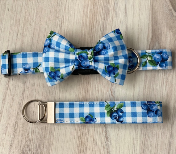 Dog collar, blueberry, blueberries, gingham, blue, navy, white, collar with bow tie, collar with bow, bow , flower, key fob , bow tie, boy