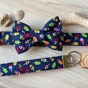 Dog collar, popsicle, popsicles, navy blue, bow, collar with bow tie, bow tie, collar with bow, summer, picnic, key fob ,keychain, ice cream