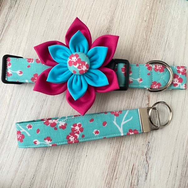 Dog collar, collar iwht bow, collar with flower, girl, girly bow, cherry blossom, cherry, floral, key fob, keychain, dog, flower, blue, pink