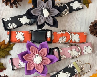 Dog collar, ghost, halloween, ghost dog collar, orange, black, pink, glow in the dark, collar with flower, collar with bow, glow, flower