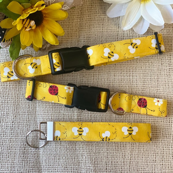 Dog collar, floral, bee, bees, bumble bee, honey bee collar, lady bug, ladybug, bugs, clearance, key fob, key chain, discount, dog collar