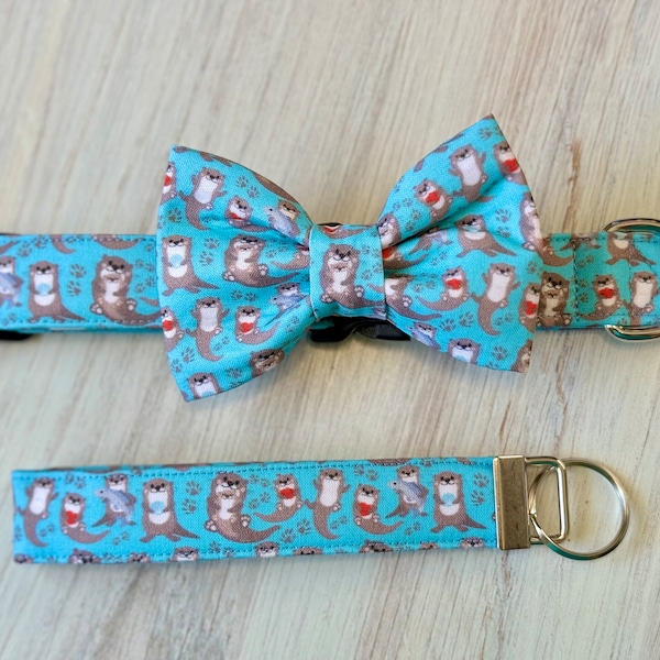 Otter Dog Collar with Bow Tie: Ocean Beach Lover Gift