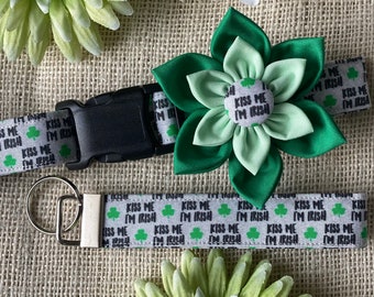 Dog collar, st. Patricks day, kiss me im Irish, kiss me, clover, luck, green, collar with flower, collar flower, dog collar bow, im Irish