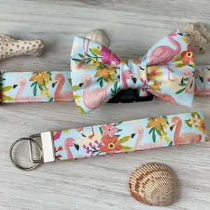 Dog collar, flamingo, tropical, collar with bow, bow tie, dog, flamingo dog collar, key fob , keychain, beach, ocean, floral, flower