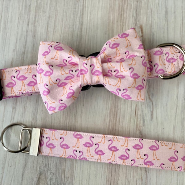 Dog collar, beach dog collar, beach collar, flamingo dog collar, pink dog collar, dog collar with bow tie, flamingo bow tie, collar with bow