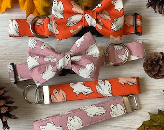 Dog collar, halloween dog collar, ghost, glow in the dark, ghost dog collar, pink, orange, black, collar with bow, bow tie, halloween, glow