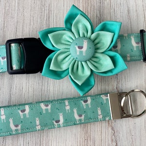 May include: A teal blue and white llama print dog collar with a matching teal blue flower charm. The flower charm has a white llama design in the center.