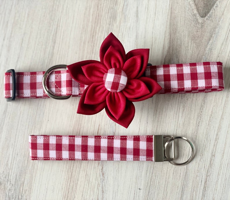 Dog collar, collar with flower, collar with bow, picnic, spring, summer, red and white, gingham, checker , plaid, flower, collar flower immagine 6