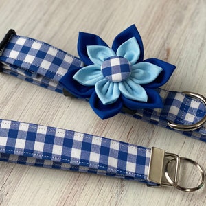 Dog collar, plaid , gingham, collar with flower, collar with bow, flower, blue, navy, blue plaid flower, pet collar, boy, girl, keychain image 4