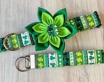 Dog collar, stripes, plaid, st Patricks day, clover, collar with flower, collar with bow, bow, girl, flower, collar flower, hat, key fob