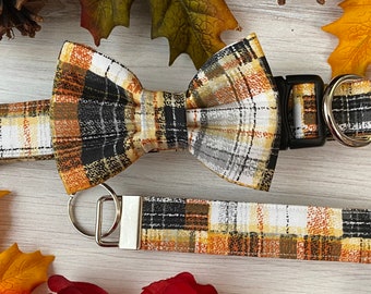 Dog Collar, bow tie, Fall, autumn, halloween, dog , dog collar with bow, collar with bow tie, bow tie, halloween plaid, orange and black