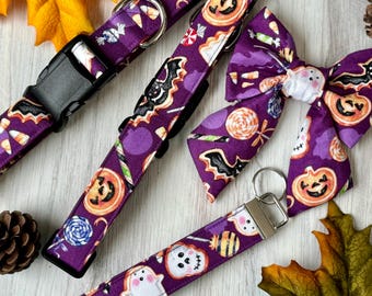 Halloween Dog Collar with Bow, Ghosts, Skulls and Bats