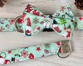 Dog collar, winter, christmas, gnomes, candy cane, bow, bow tie, collar with bow tie, snowman, deer, mittens, lights, Santa, present, cookie