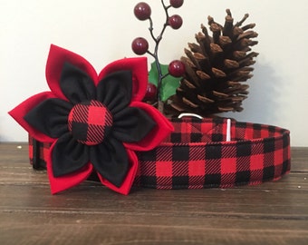 Buffalo Plaid Dog Collar with Detachable Flower