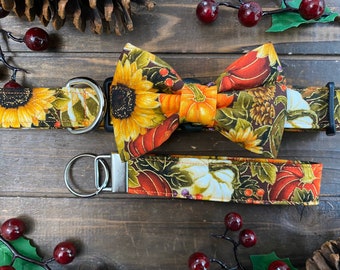 Dog Collar, Dog bow tie, Fall Dog Collar, Pumpkin Dog Collar, Thanksgiving dog collar, Fall bow tie, gourd, pumpkin, sunflower, patch
